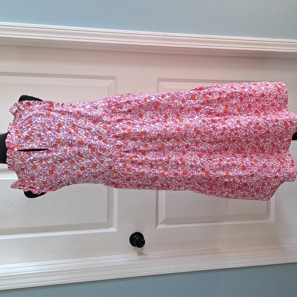 J.Crew Pink Orange Floral Ruffle Sleeve Cotton Comfy Pockets Tiered Midi Dress - Picture 3 of 15